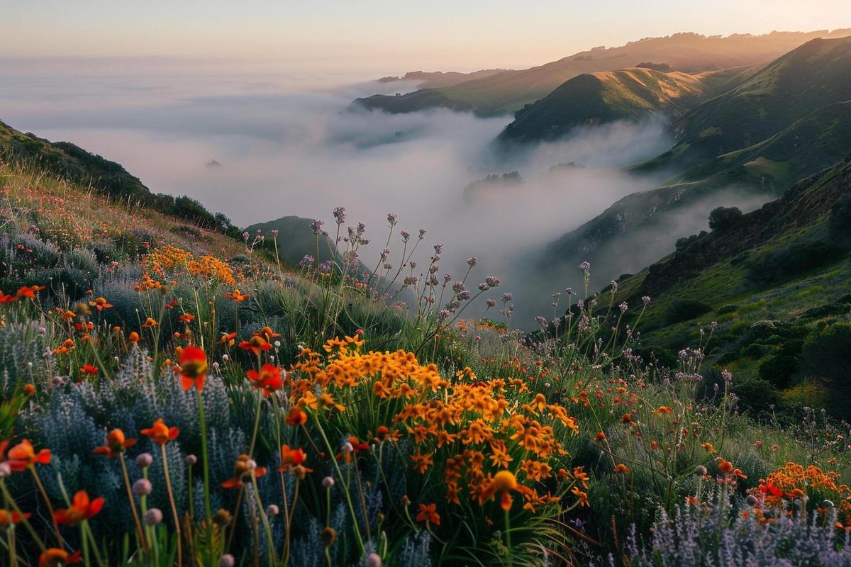 Wildflowers blooming on a green coastal hillside above a sea of clouds at sunrise