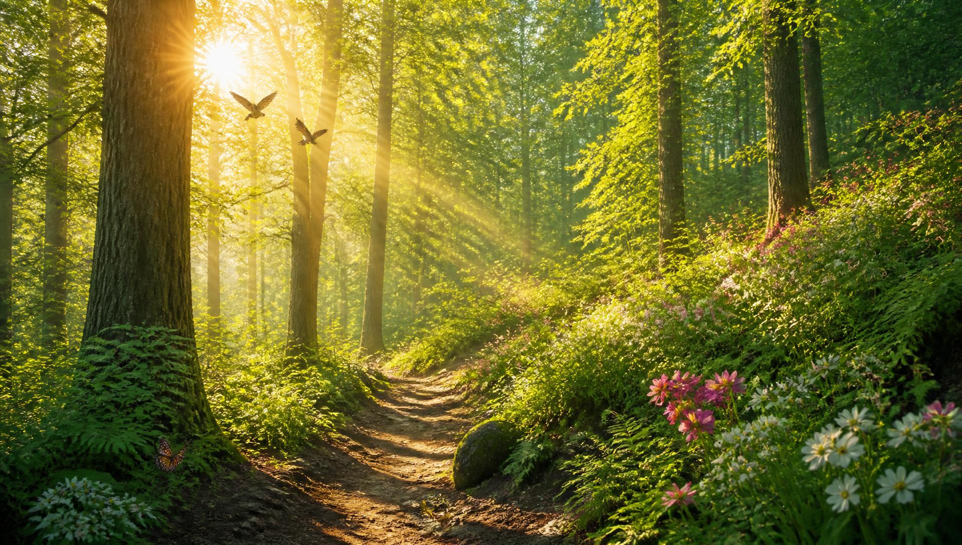 A sunlit forest path with wildflowers, ferns and birds in the morning light